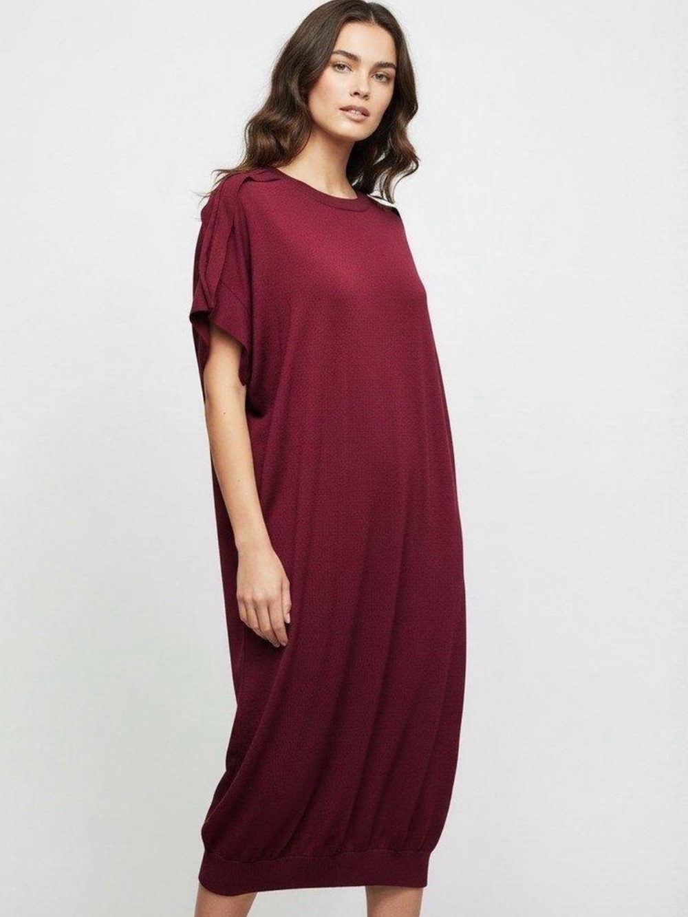 COS Deep Burgundy Knitted Knee-length Dress w/ Shoulder Pleats Nylon-Rayon Small